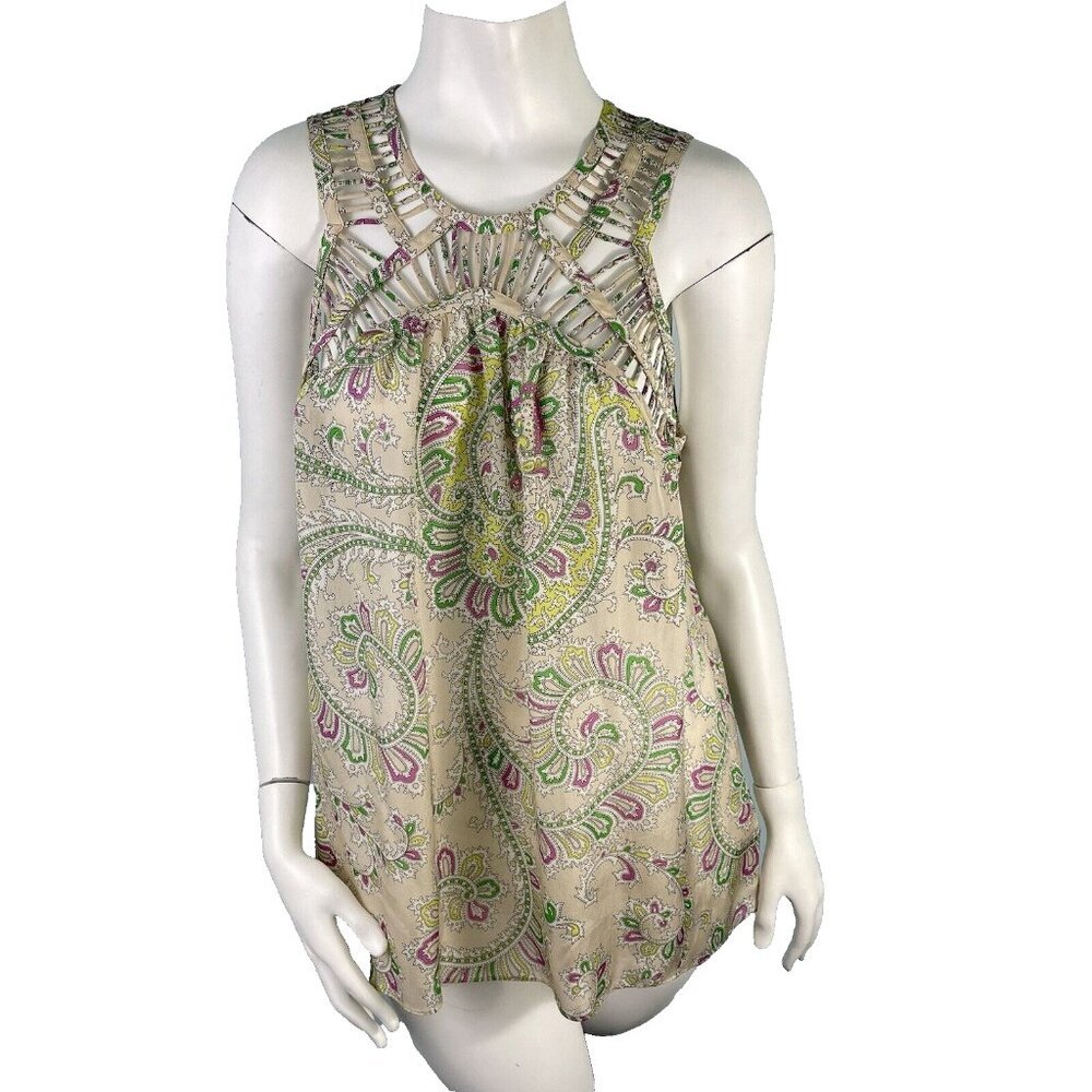 Anthropologie Leifnotes 100% Silk Paisley Print Lattice Trim Sleeveless Top 14‎